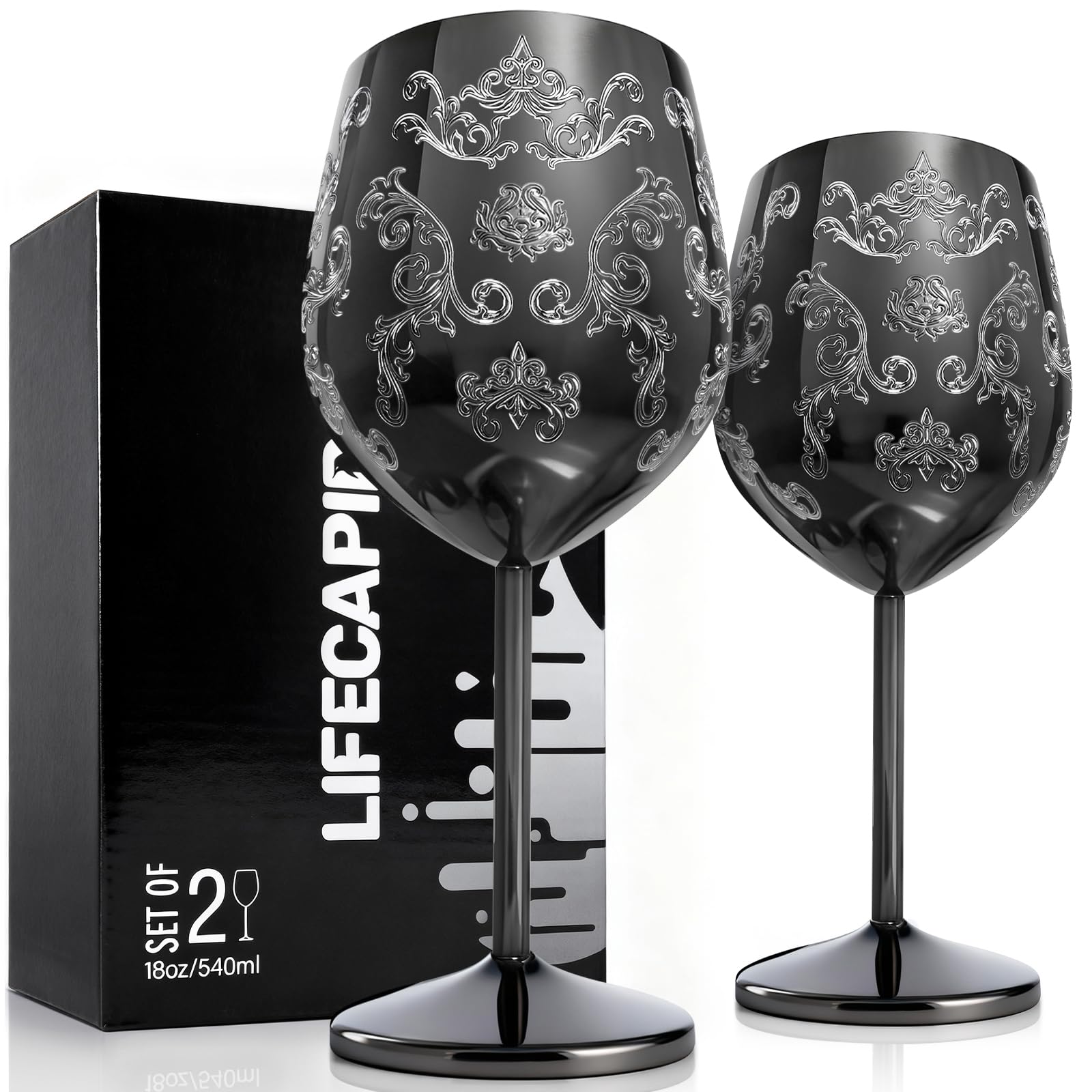 Lifecapido stainless steel wine glasses set of 2 with etched Baroque engravings for elegant entertaining.