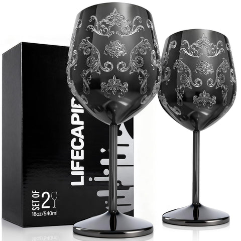 Lifecapido stainless steel wine glasses set of 2 with etched Baroque engravings for elegant entertaining.