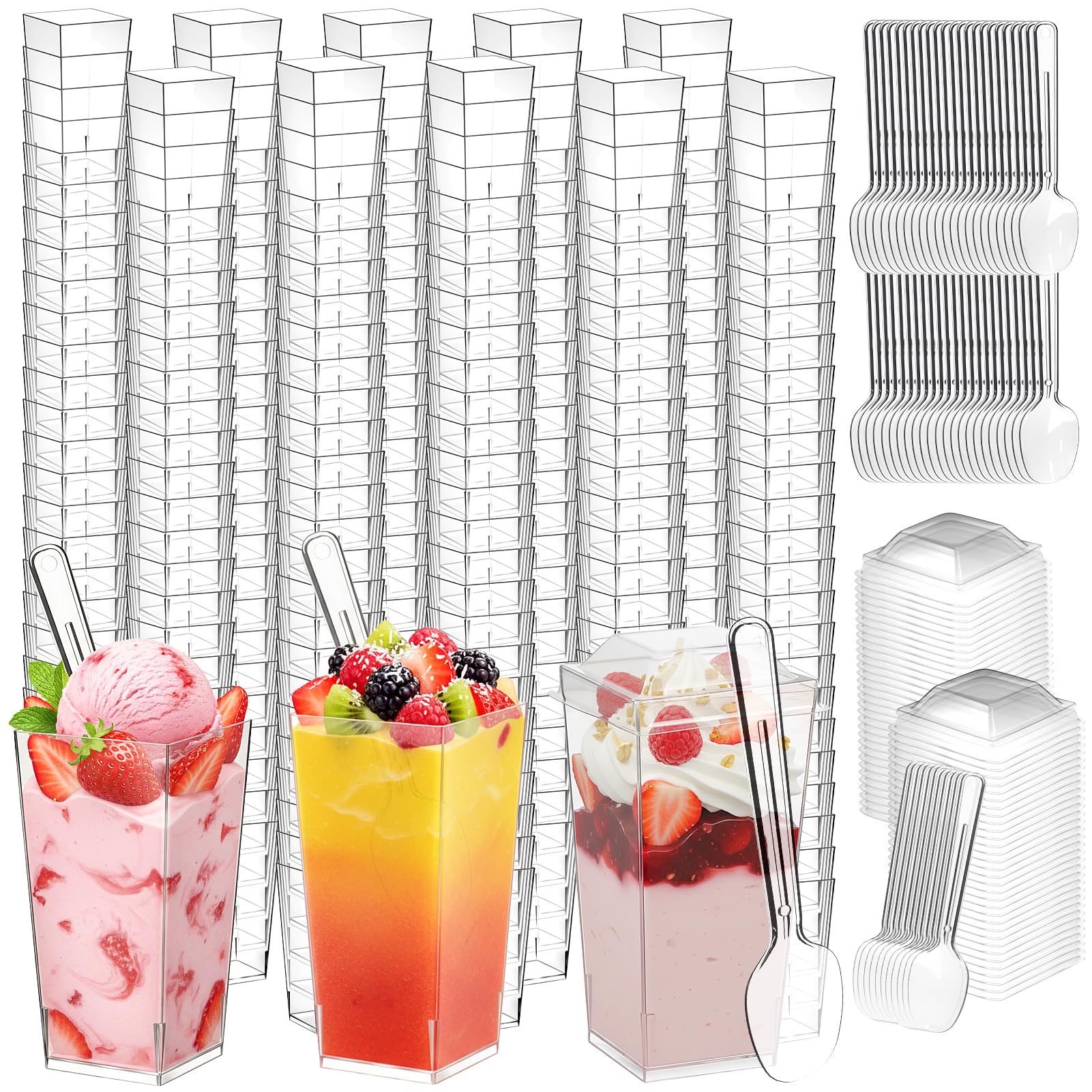 LifeIdeas 3oz mini dessert cups with lids and spoons, ideal for party desserts.