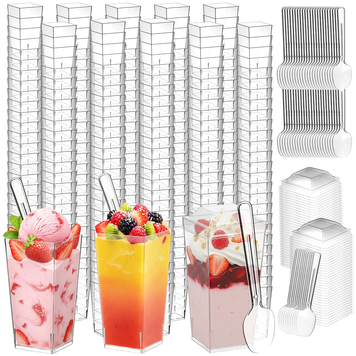 LifeIdeas 3oz mini dessert cups with lids and spoons, ideal for party desserts.