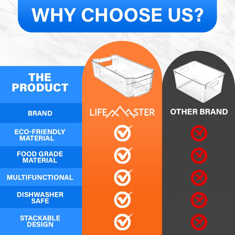 Lifemaster pantry-clear-bin keeps snacks and cans neatly visible.