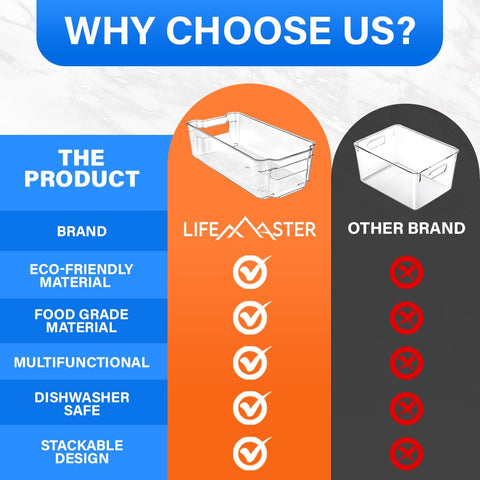 Lifemaster pantry-clear-bin keeps snacks and cans neatly visible.