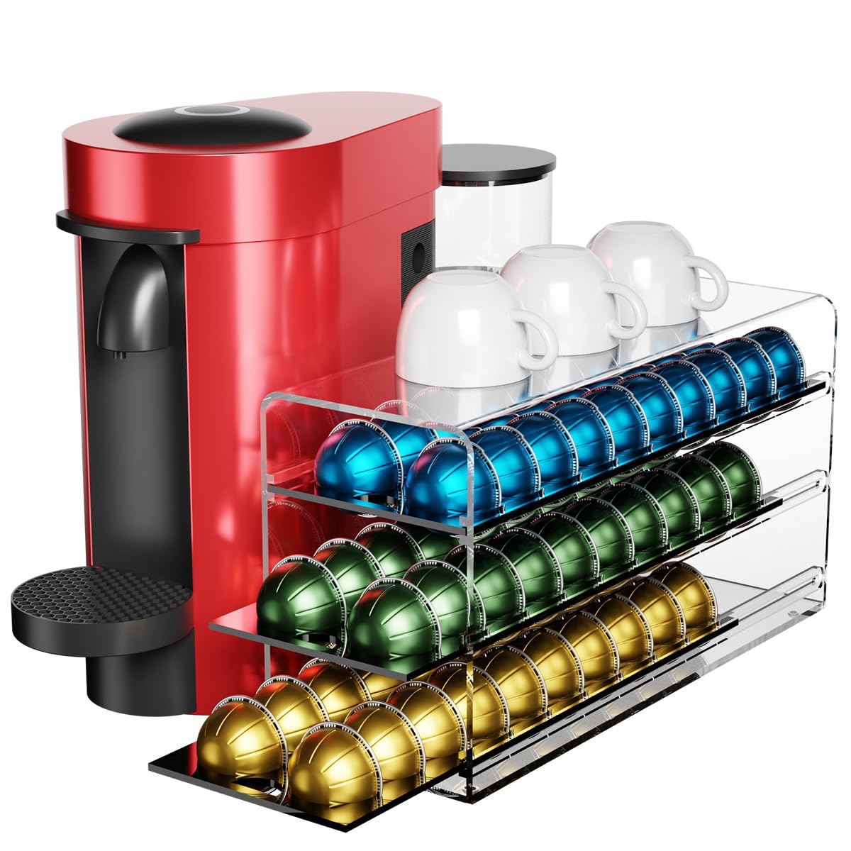 LifeMoreasy acrylic pod drawer for Vertuo 3-tier keeps capsules organized on the counter