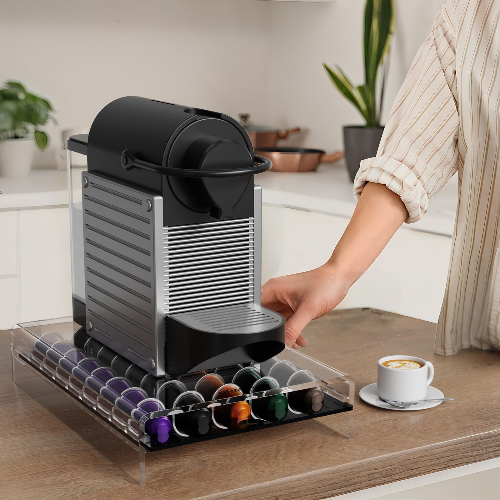LifeMoreasy acrylic pod organizer sits on the counter with crystal-like elegance.