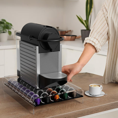LifeMoreasy acrylic pod organizer sits on the counter with crystal-like elegance.