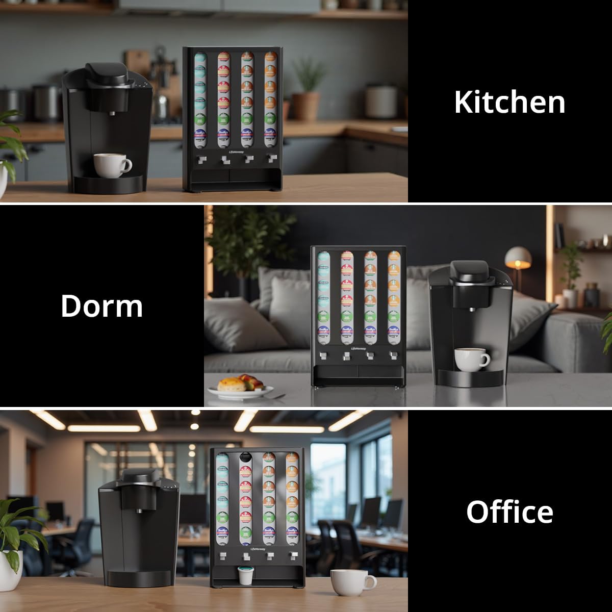 LifeMoreasy durable counter-top storage keeps capsules organized and ready.