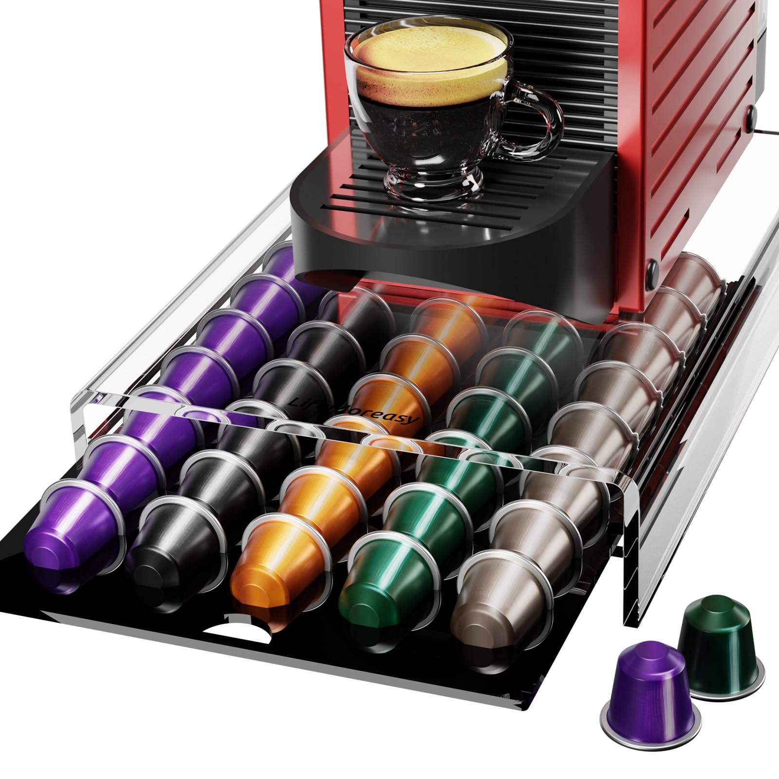 LifeMoreasy storage drawer for Nespresso Original Line pods keeps 40 capsules neatly organized.