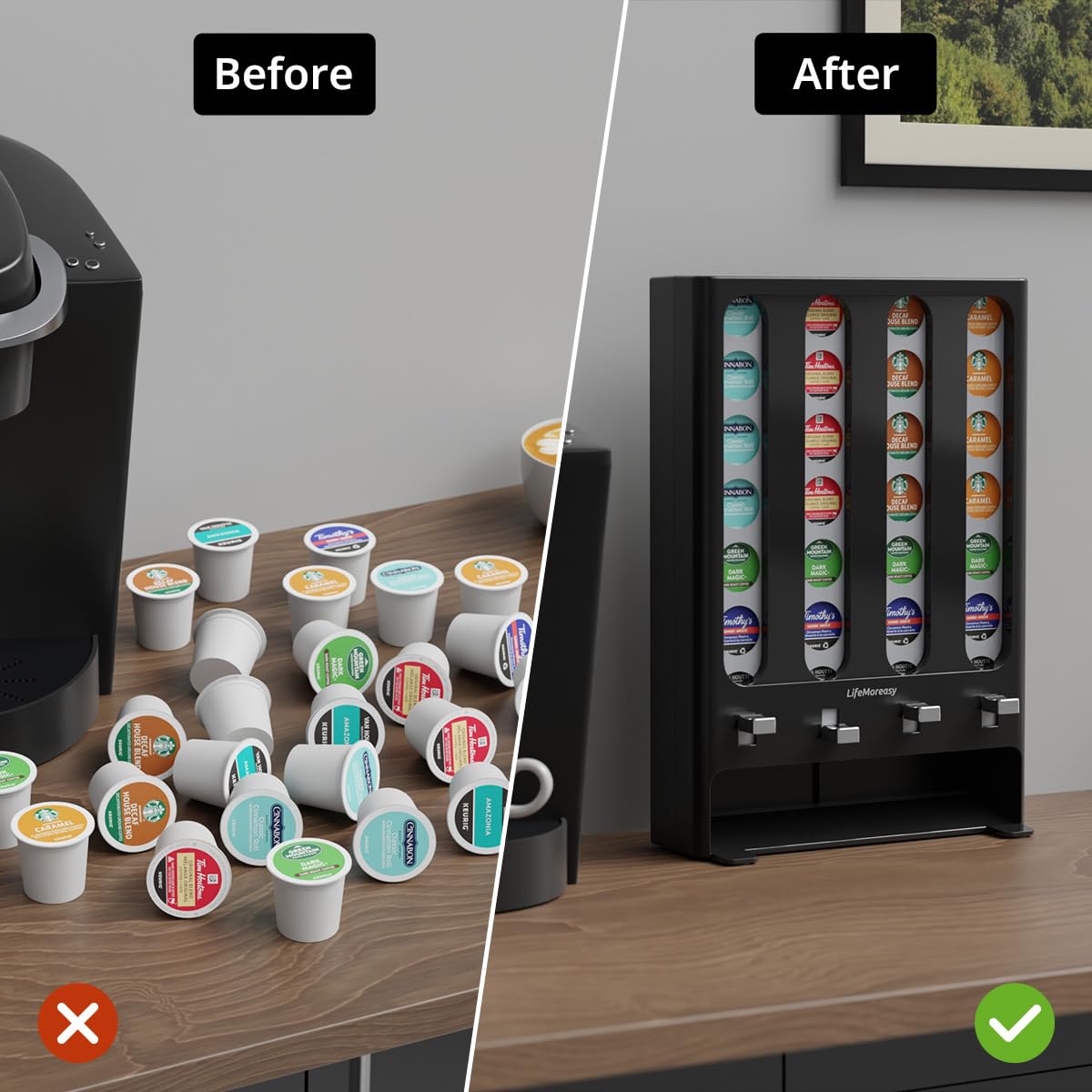LifeMoreasy vending-style one-touch dispense simplifies coffee retrieval.