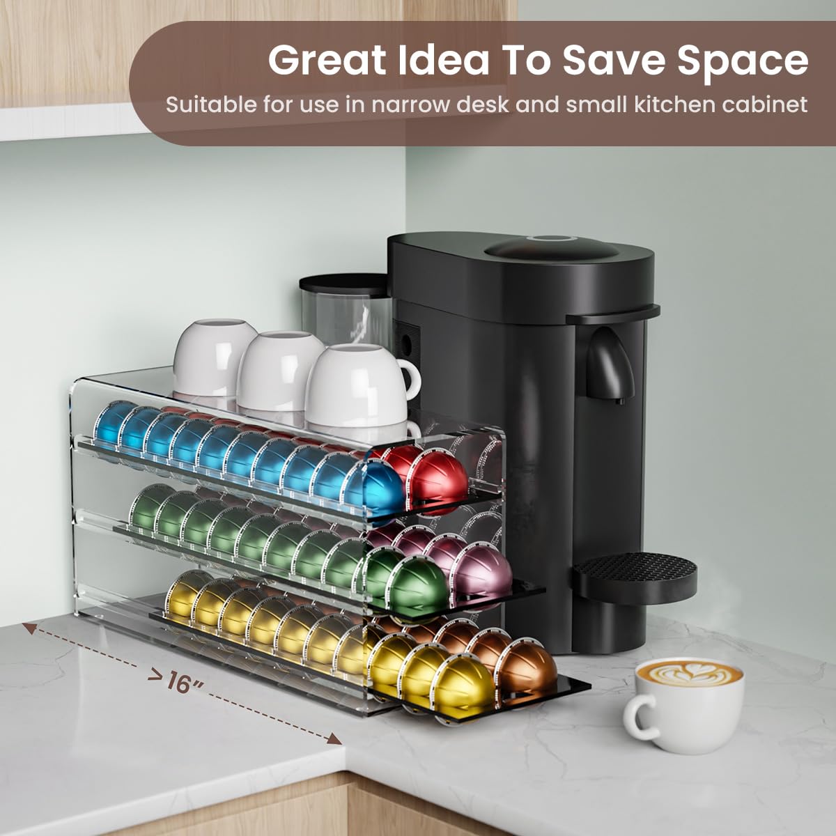 LifeMoreasy Vertuo pod storage shows 60-pod capacity and clear flavor visibility
