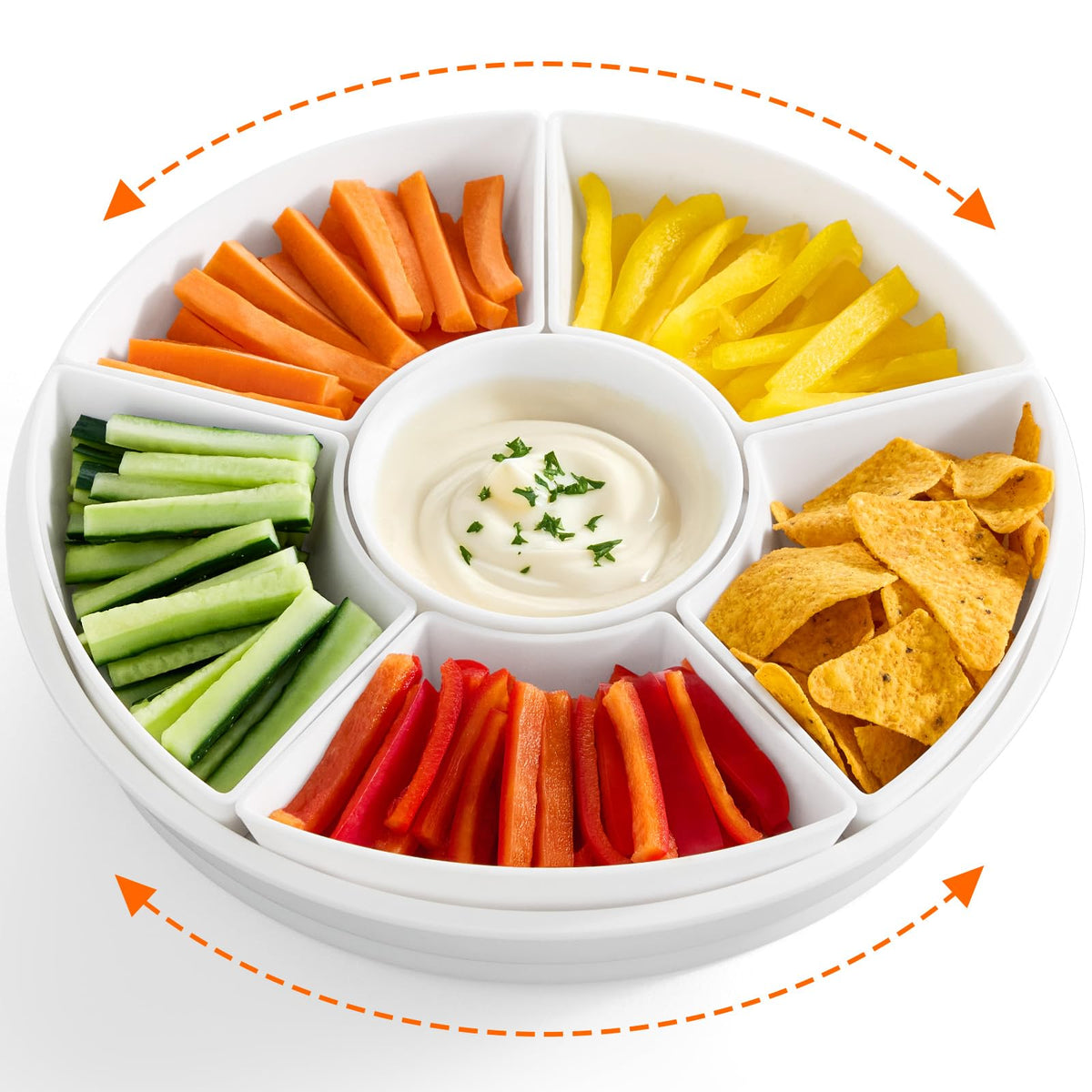 Lifewit 360° rotating divided tray viewed from above for easy reach of snacks.