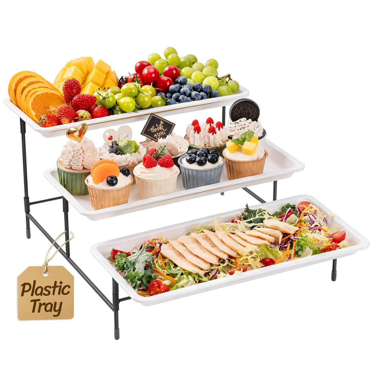 Lifewit 3-tier tray with white plates showcases desserts neatly for parties or gatherings.
