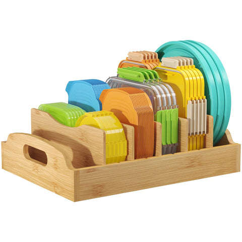Lifewit bamboo lid organizer in large size neatly stores cabinet lids.