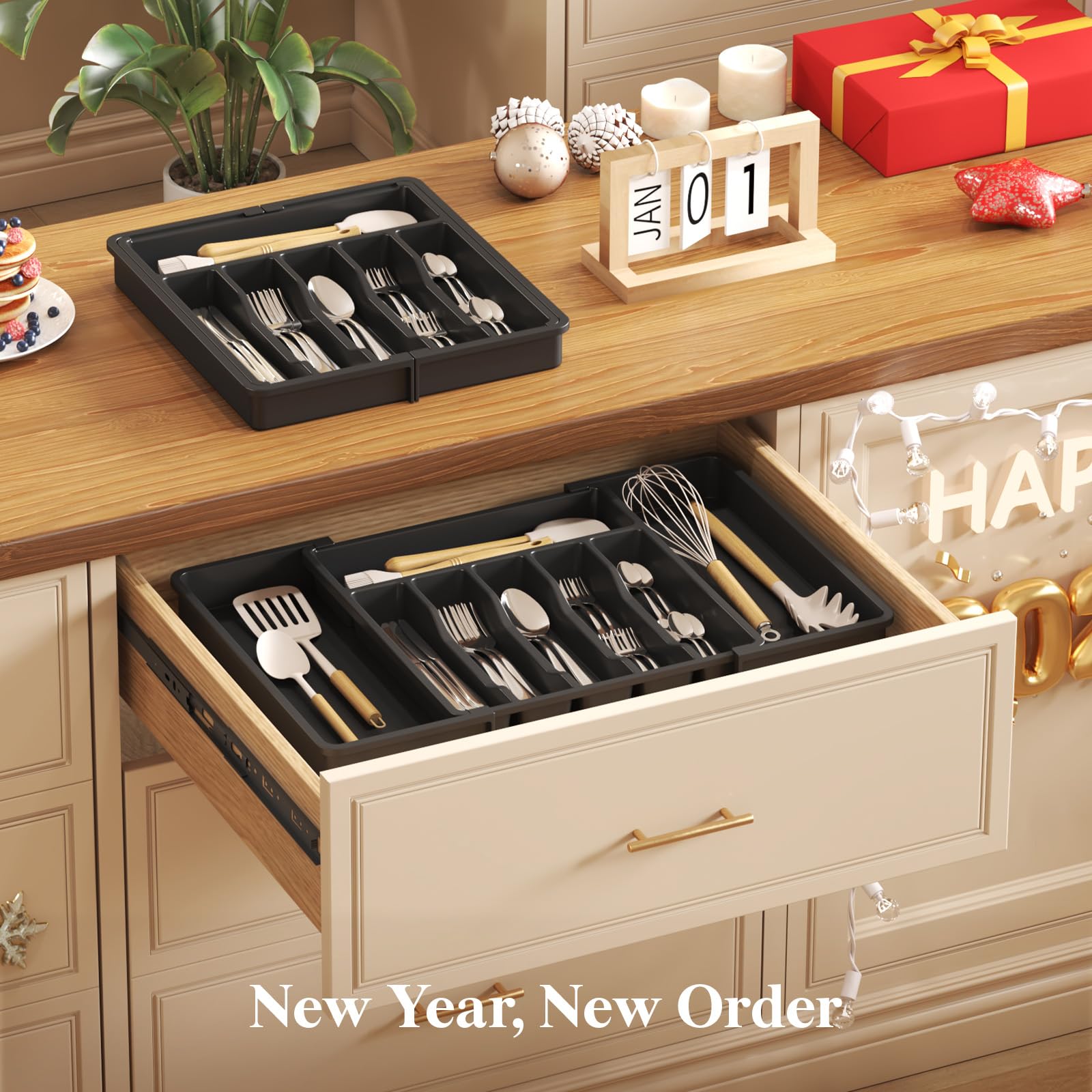 Lifewit black drawer organizer blending with kitchen décor while staying practical