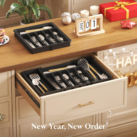 Lifewit black drawer organizer blending with kitchen décor while staying practical