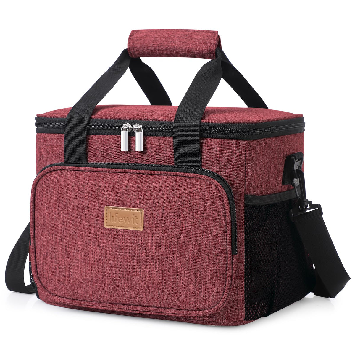 Lifewit burgundy lunch bag front view with spacious 15L capacity.