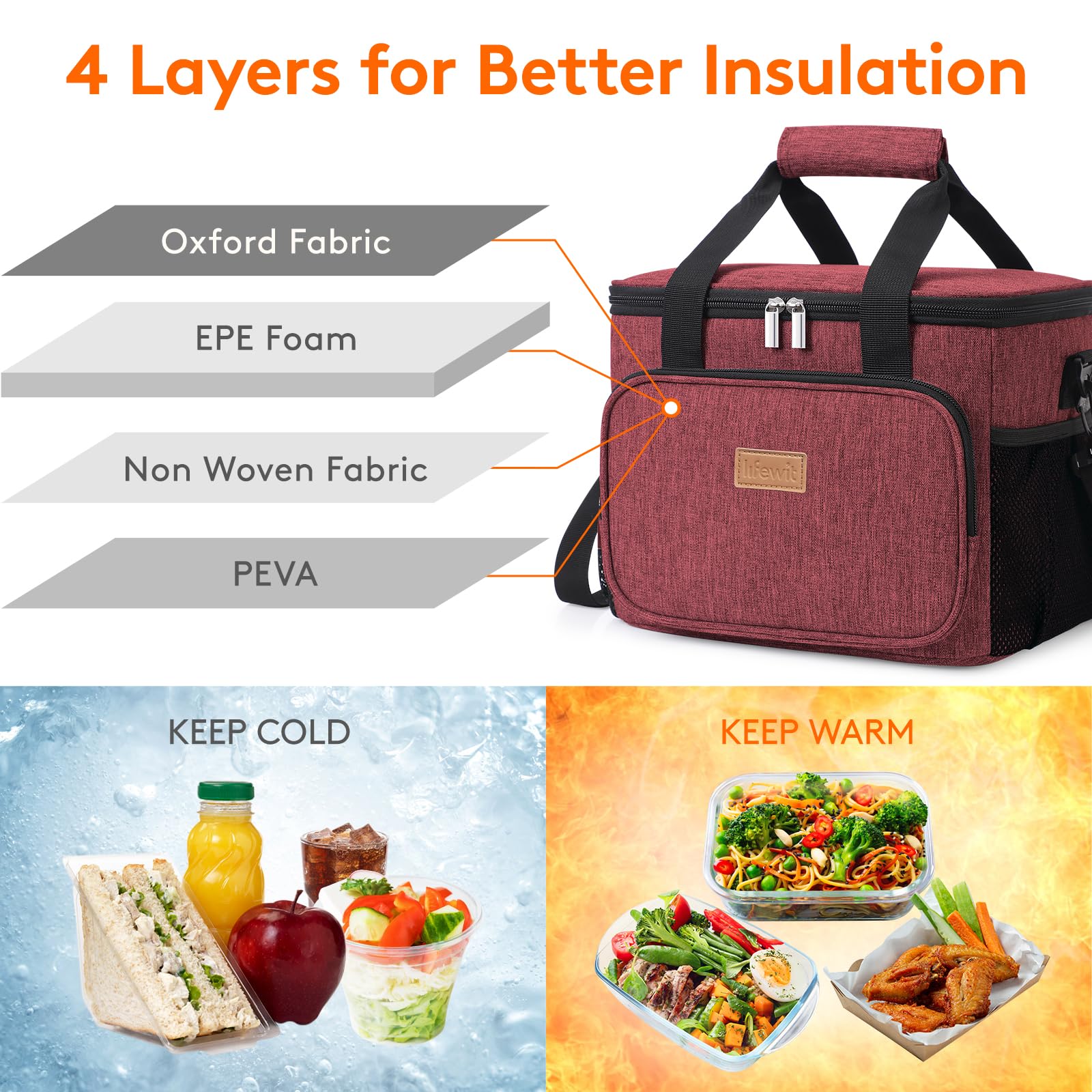 Lifewit burgundy lunch bag open lid for easy packing.