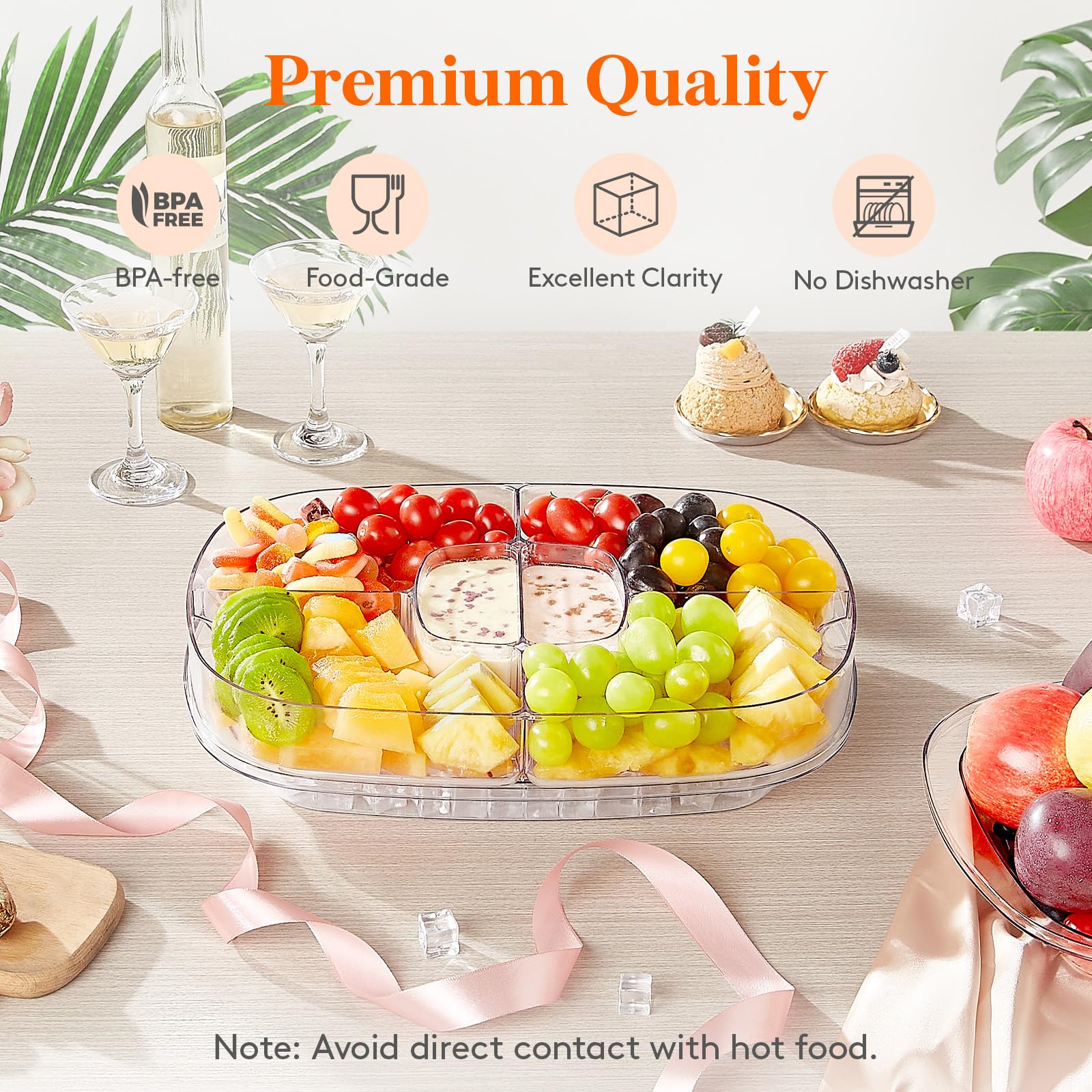 Lifewit chilled serving tray middle six compartments organize dips, veggies, and fruits neatly.