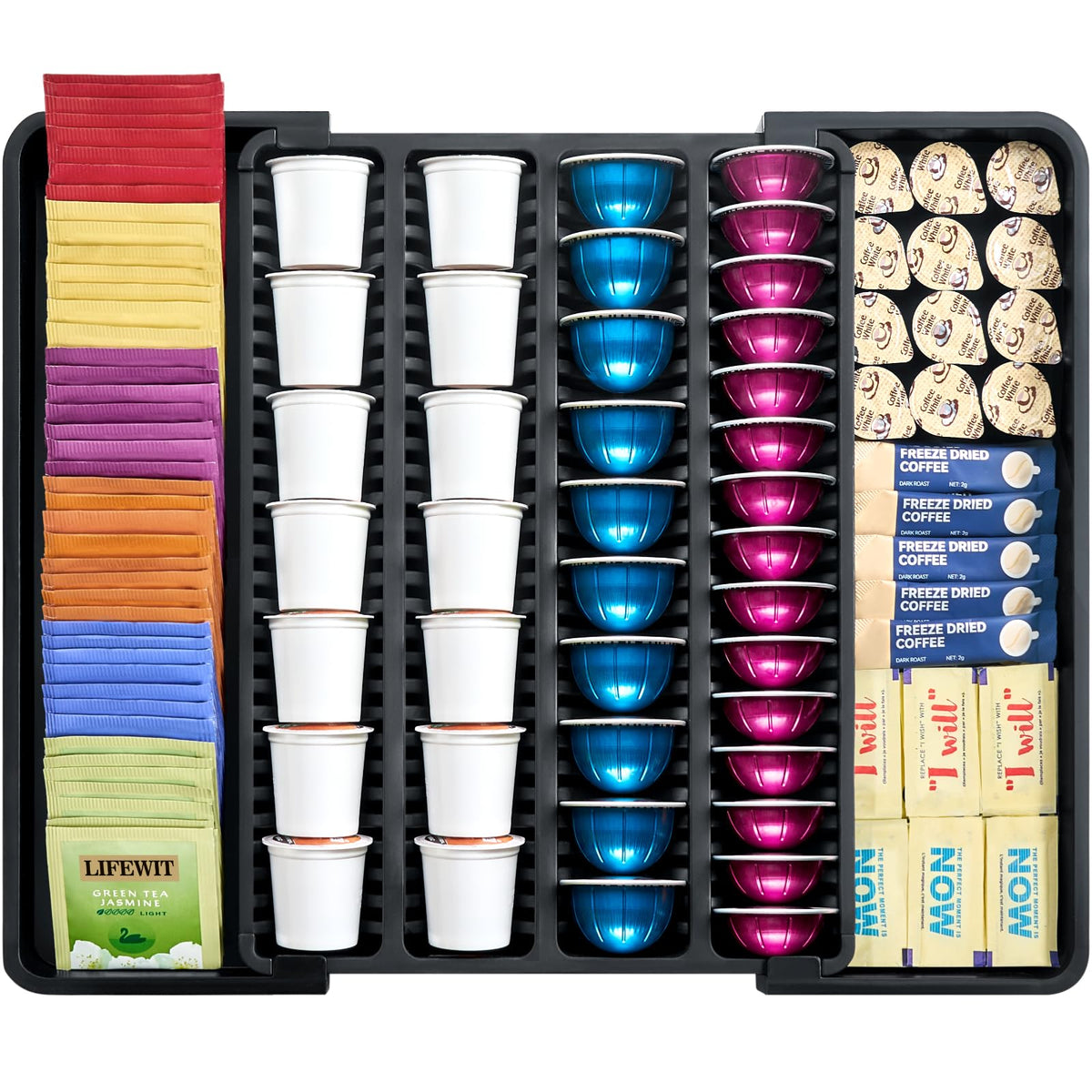 Lifewit coffee pod holder drawer extendable fits variable drawer widths for organized coffee storage.