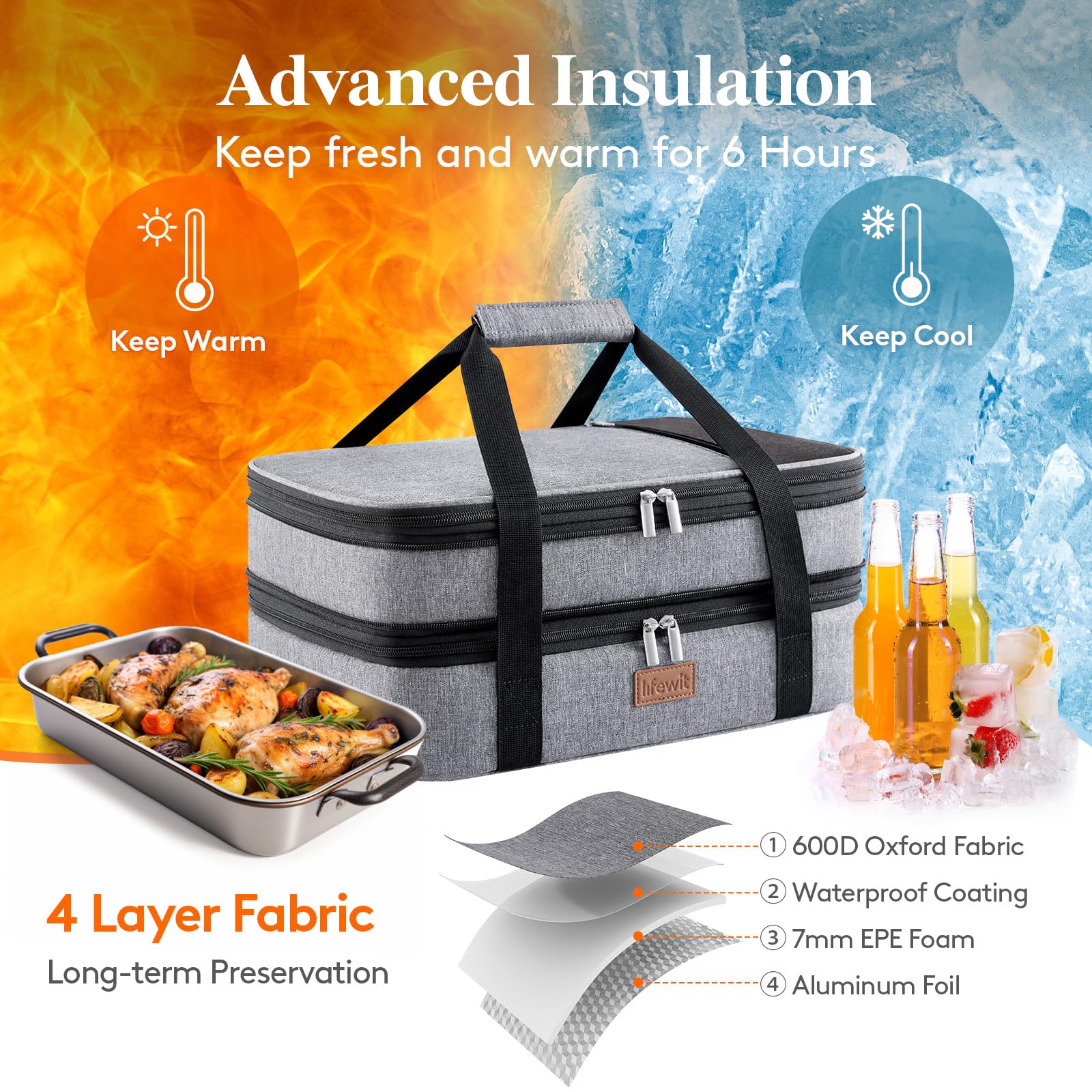 Lifewit compatibility with 9x13 to 11x15 dishes for versatile transport.