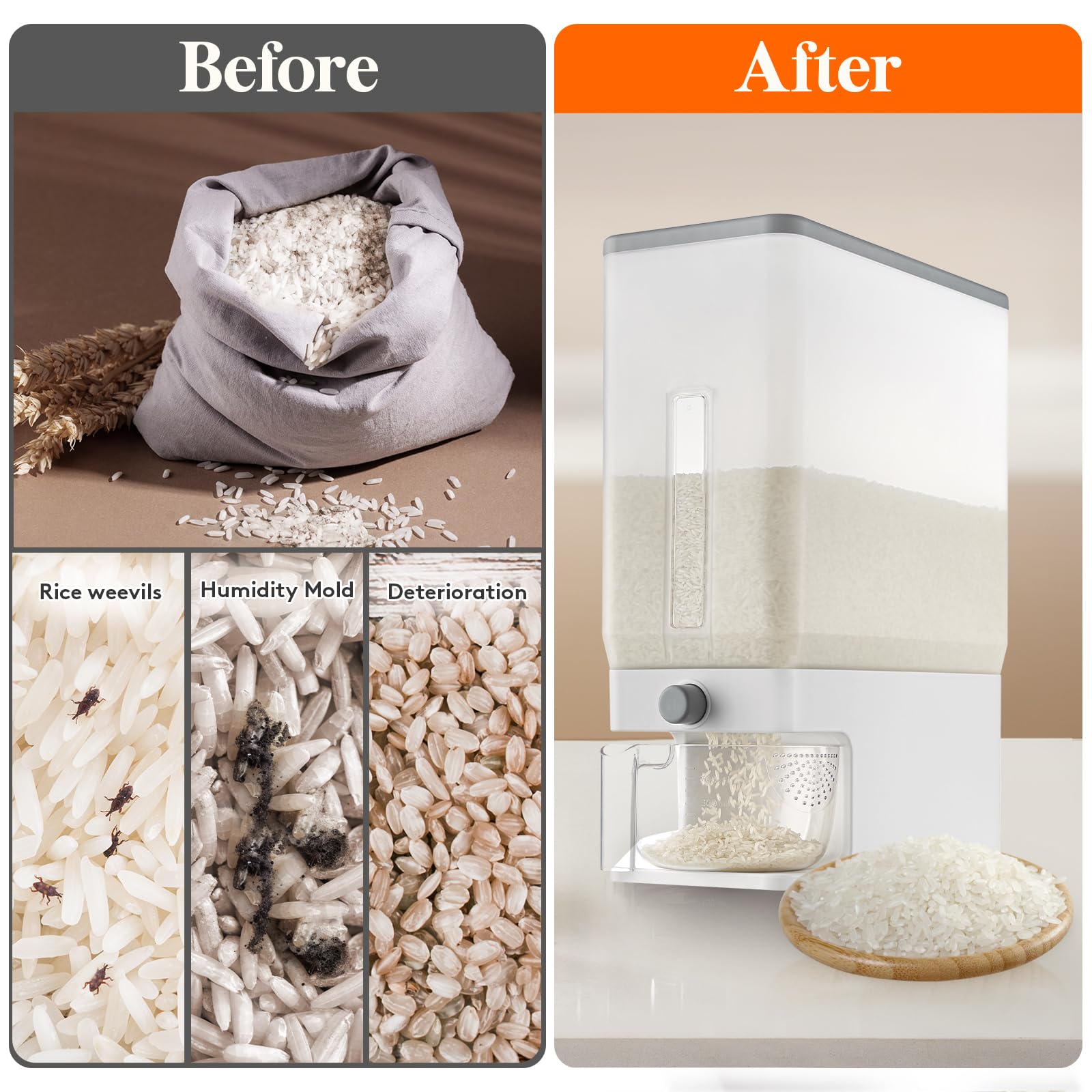 Easy-dispense button on Lifewit rice dispenser for quick serving.