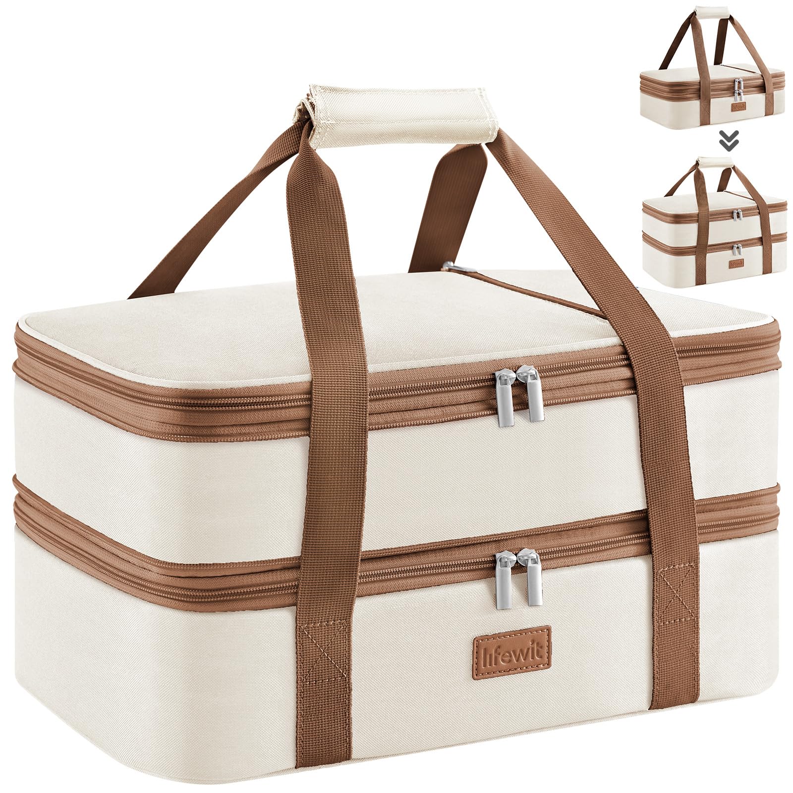 Lifewit expandable casserole carrier with top compartment for easy transport of hot dishes.