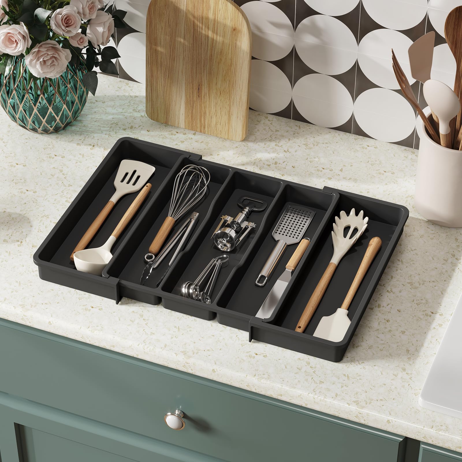 Lifewit expandable organizer fits drawers from 13 to 22.4 inches wide.
