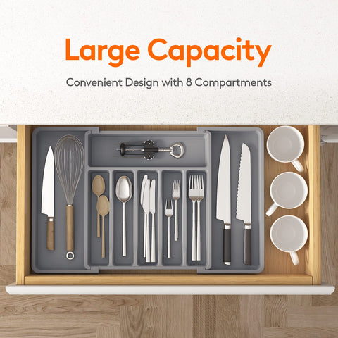 Lifewit expandable silverware drawer organizer extended, maximizes drawer capacity for large kitchens.
