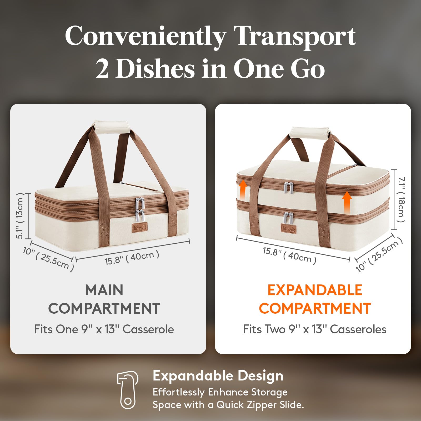 Lifewit expanded-top compartment design showing fit for larger 9x13 to 11x15 dishes.