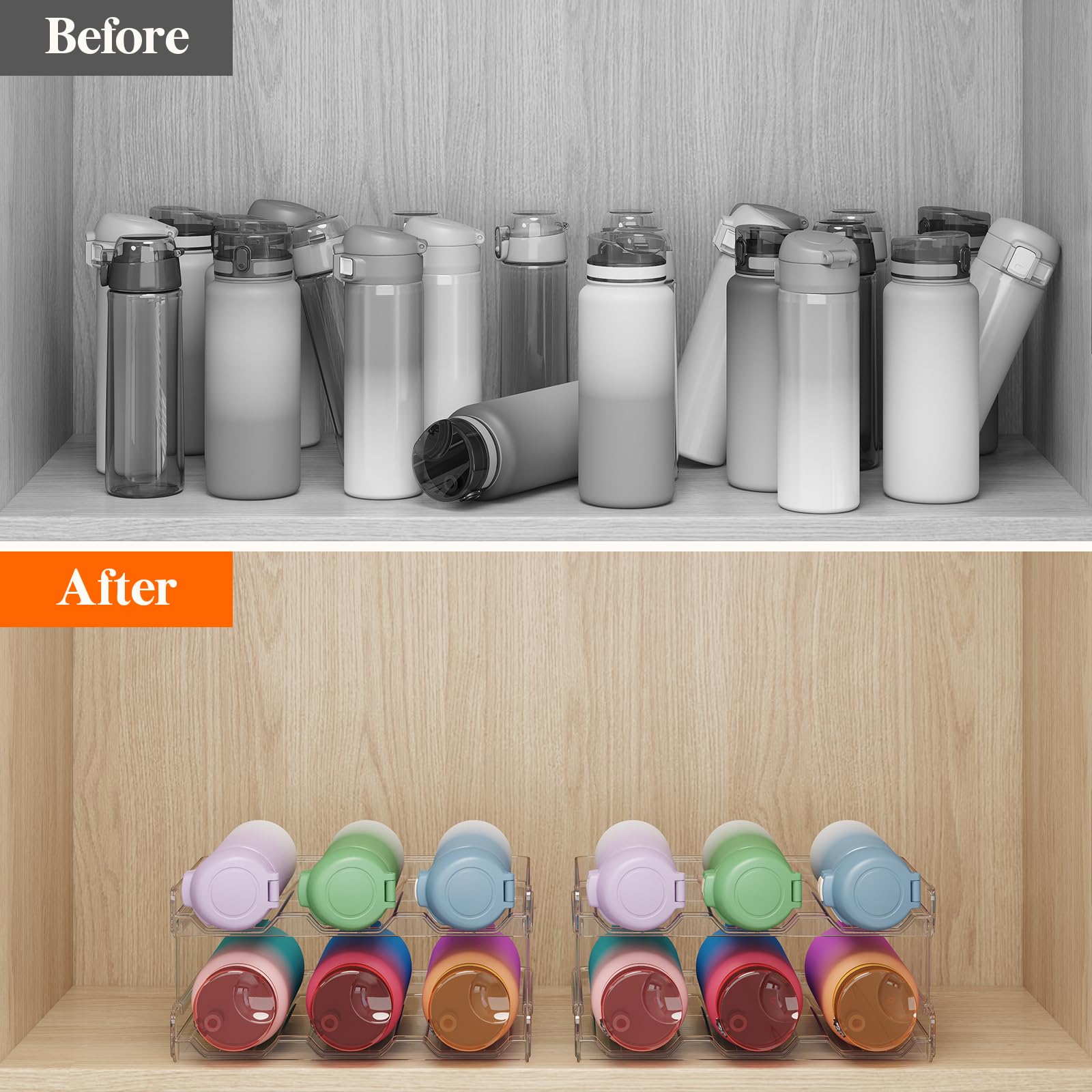 Lifewit four-pack bottle storage system keeps bottles organized on the countertop.