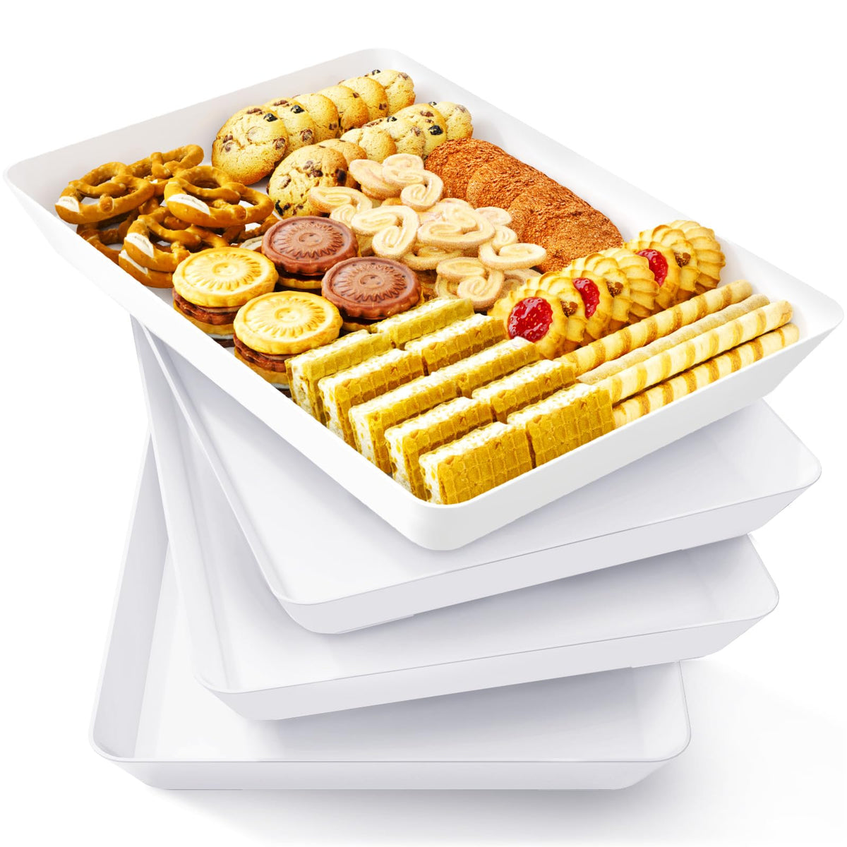 Lifewit four-piece white serving trays for party buffet displays.