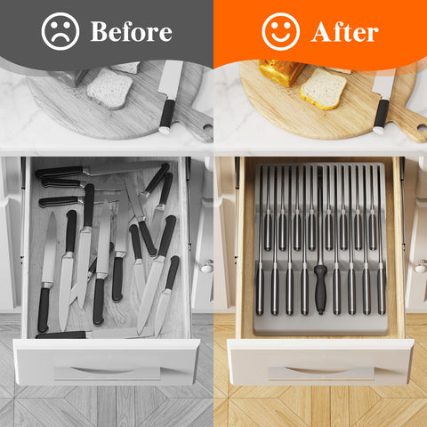 Lifewit gray in-drawer knife organizer complements modern kitchens.
