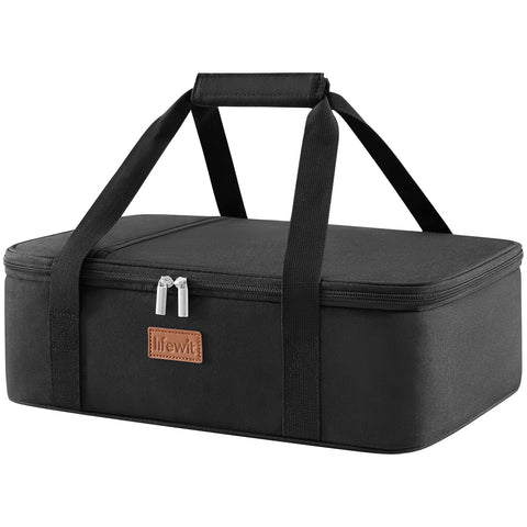 Lifewit insulated casserole carrier exterior in durable black fabric for portable meals.