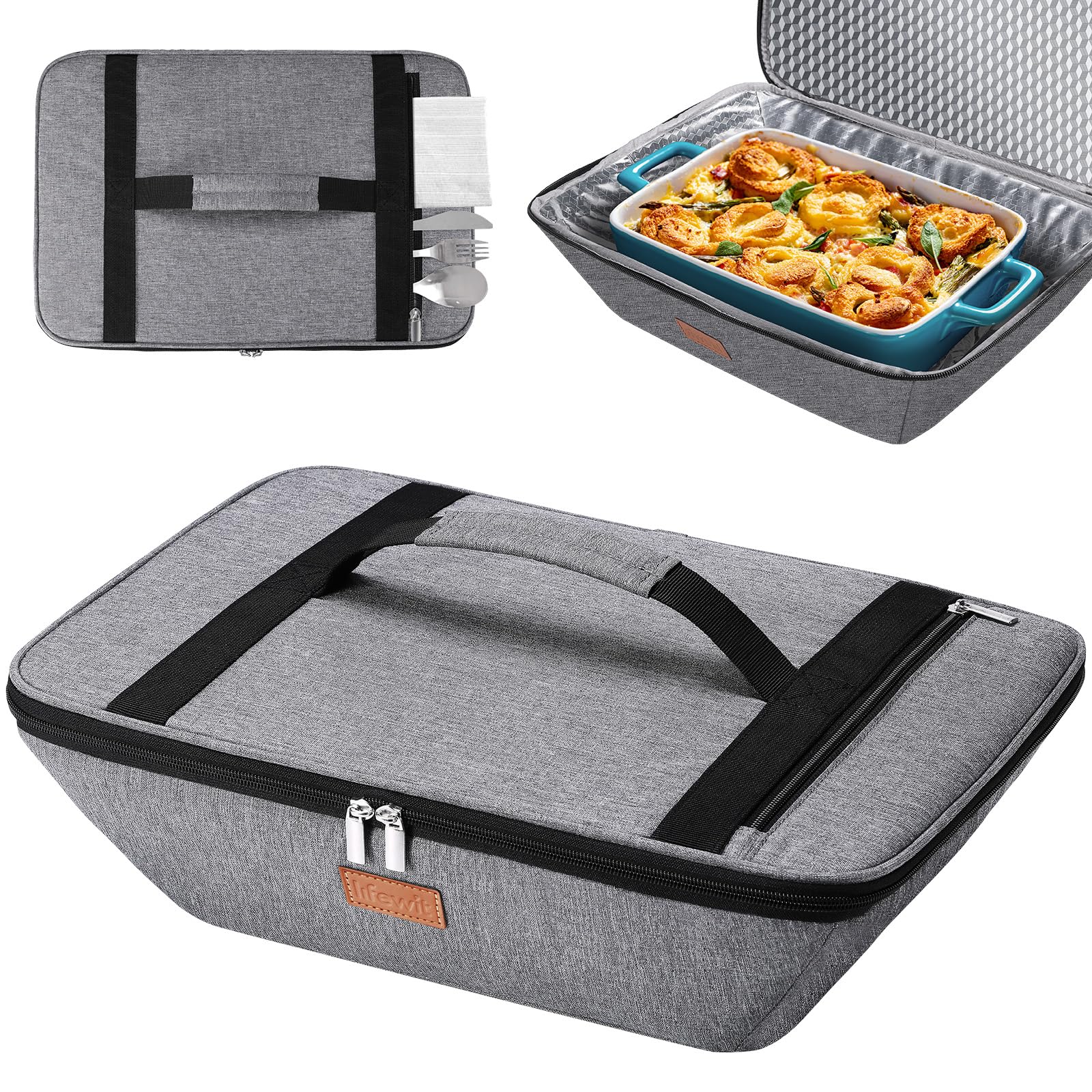 Lifewit insulated casserole carrier top view shows snug 9x13 fit for secure transport.