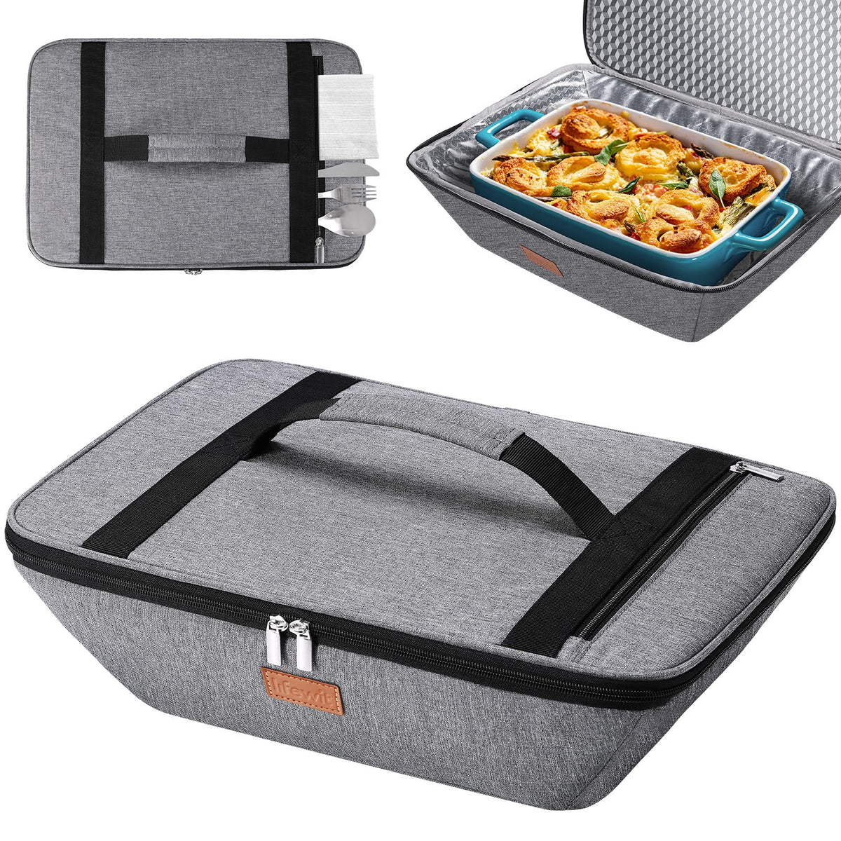 Lifewit insulated casserole carrier top view shows snug 9x13 fit for secure transport.