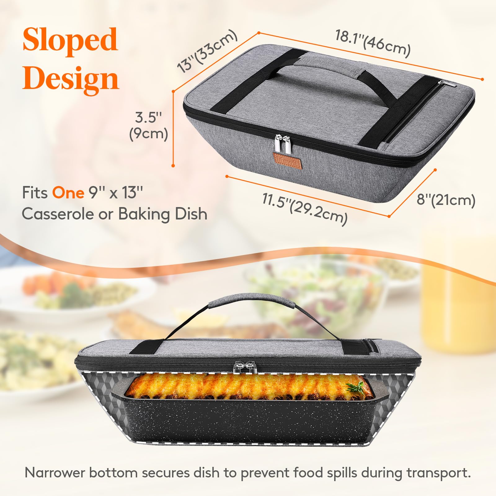 Lifewit insulated casserole carrier wide opening facilitates easy packing of a 9x13 dish.