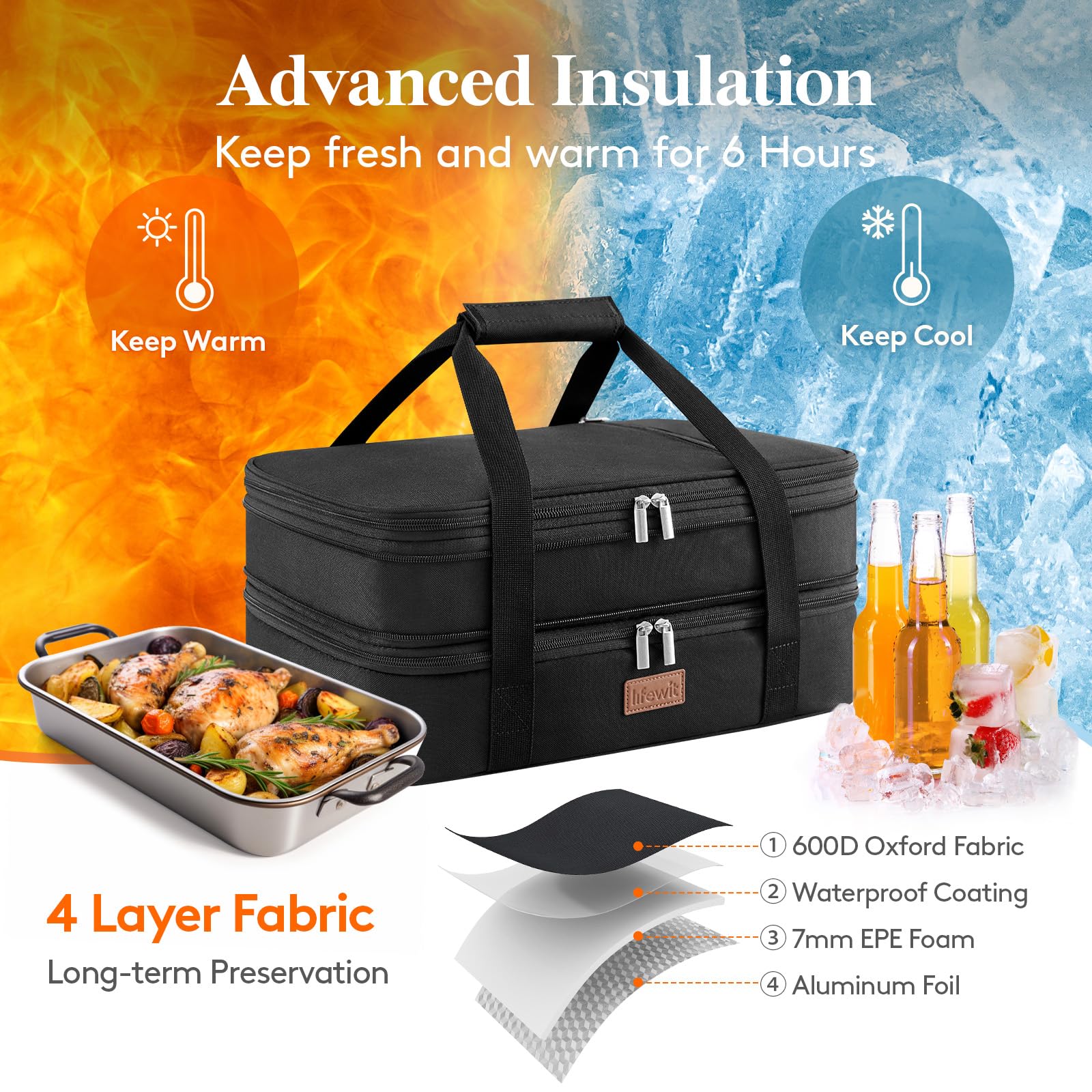 Lifewit insulated double casserole carrier expanded top, fits larger dishes.