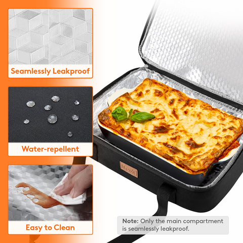 Lifewit insulated double casserole carrier interior foil lining preserves temperature.