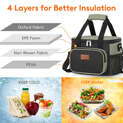 Lifewit lunch bag lid open reveals wide entry for easy packing.