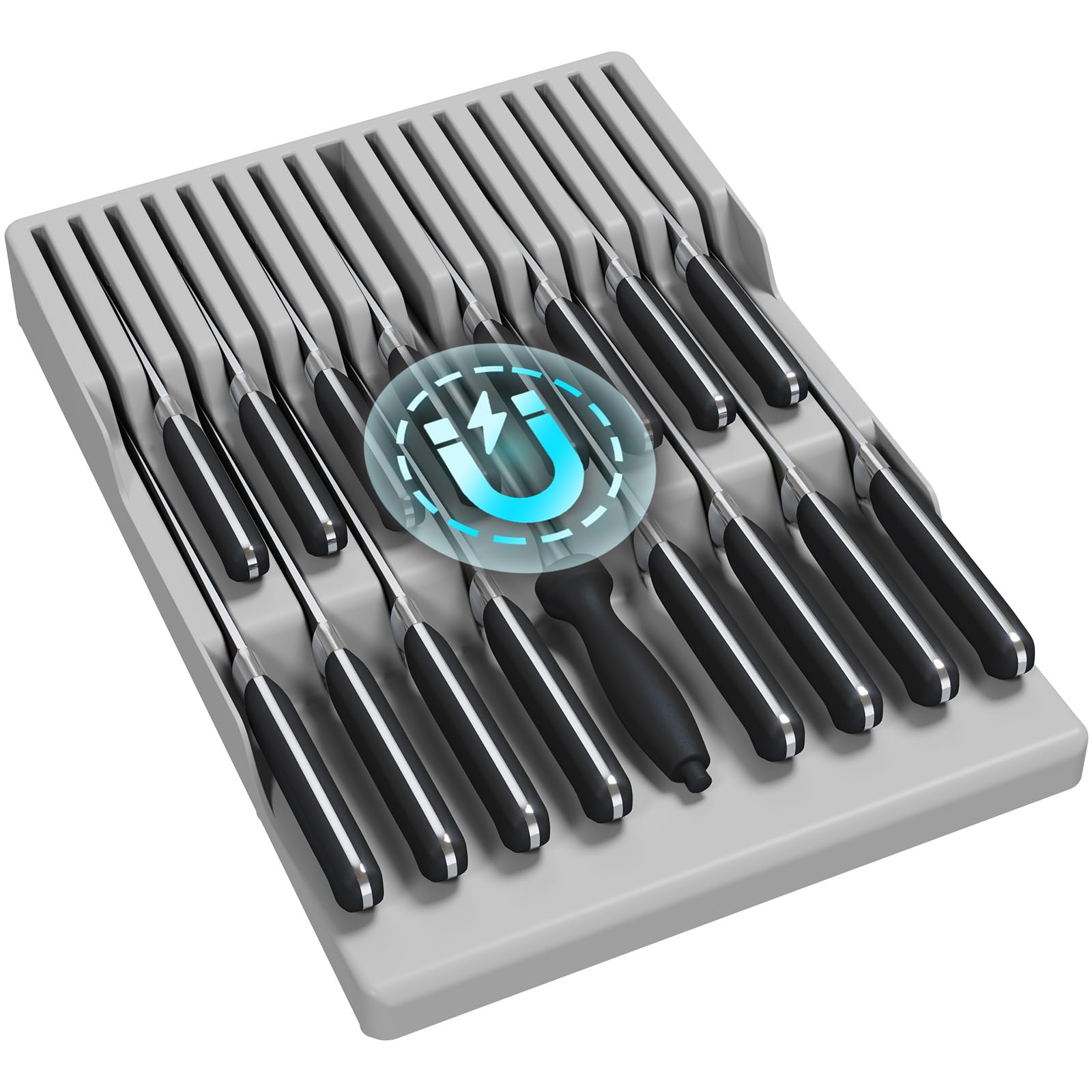 Lifewit magnetic drawer knife organizer top view keeps blades secure.
