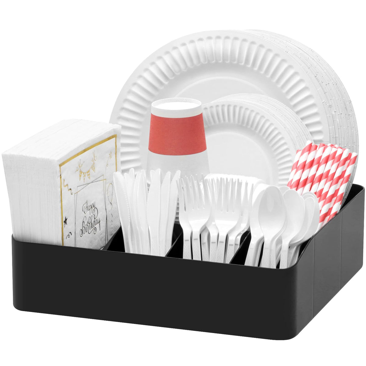 Lifewit paper plate organizer showing seven compartments for organized disposables.