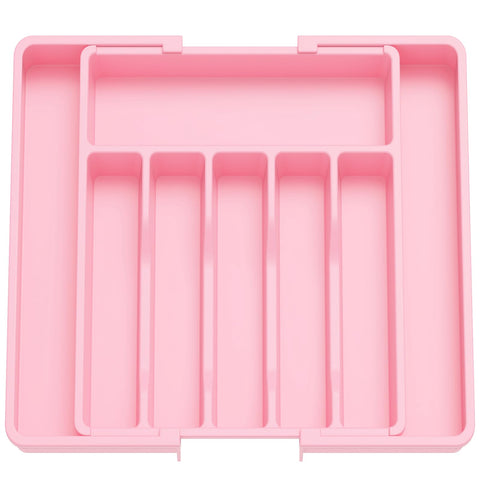 Lifewit pink expandable silverware drawer organizer fully expanded for easy utensil access