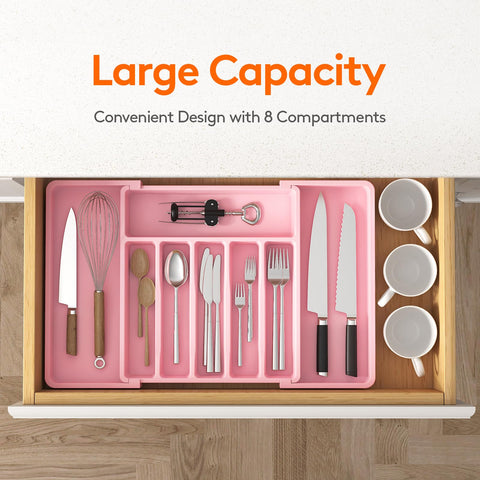 Lifewit pink organizer with 6-8 compartments separates spoons, forks, and knives