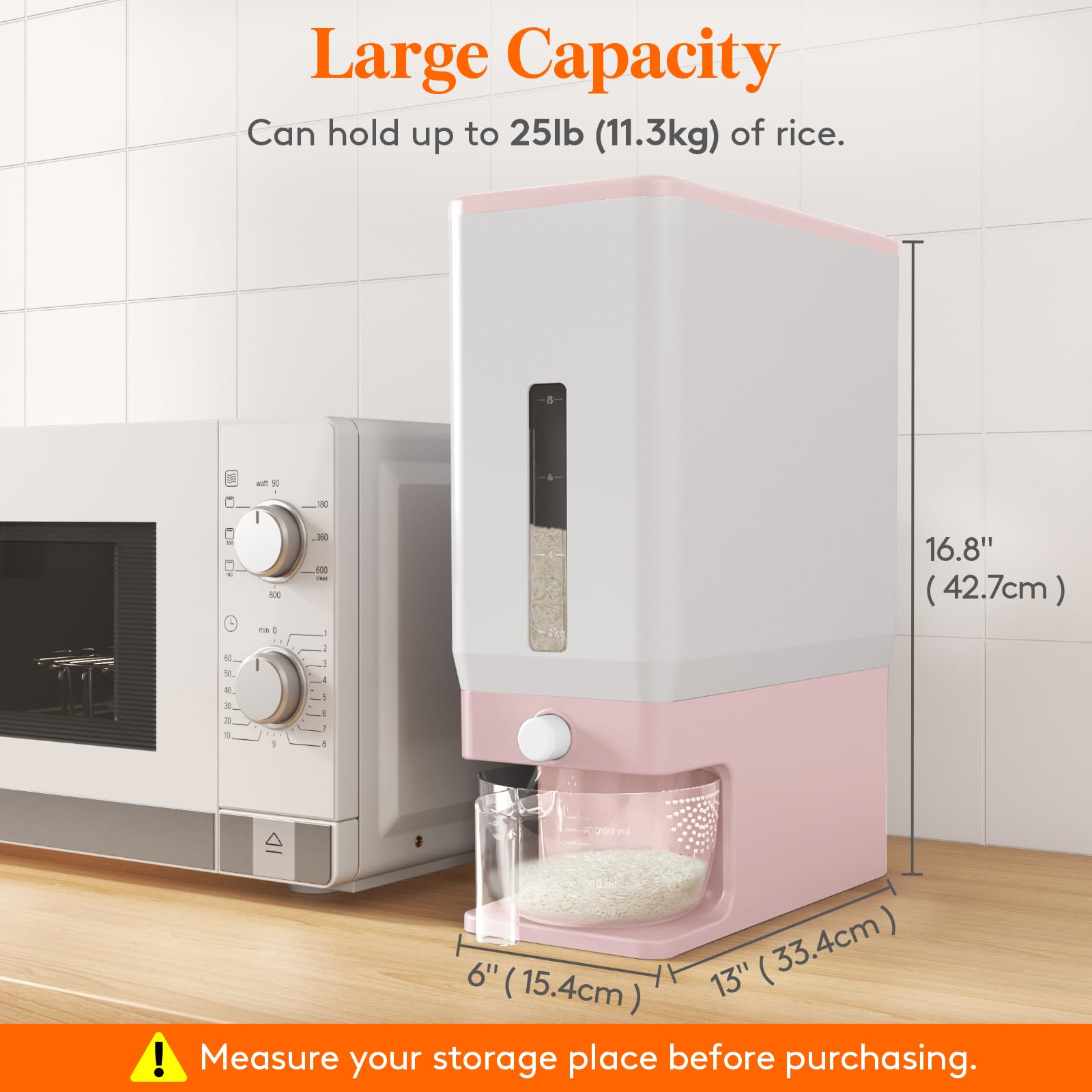 Lifewit rice dispenser dispense button demonstrates easy one-handed serving.