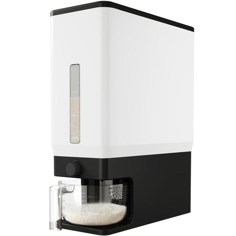 Lifewit rice dispenser shows 25lb capacity for organized pantry storage.