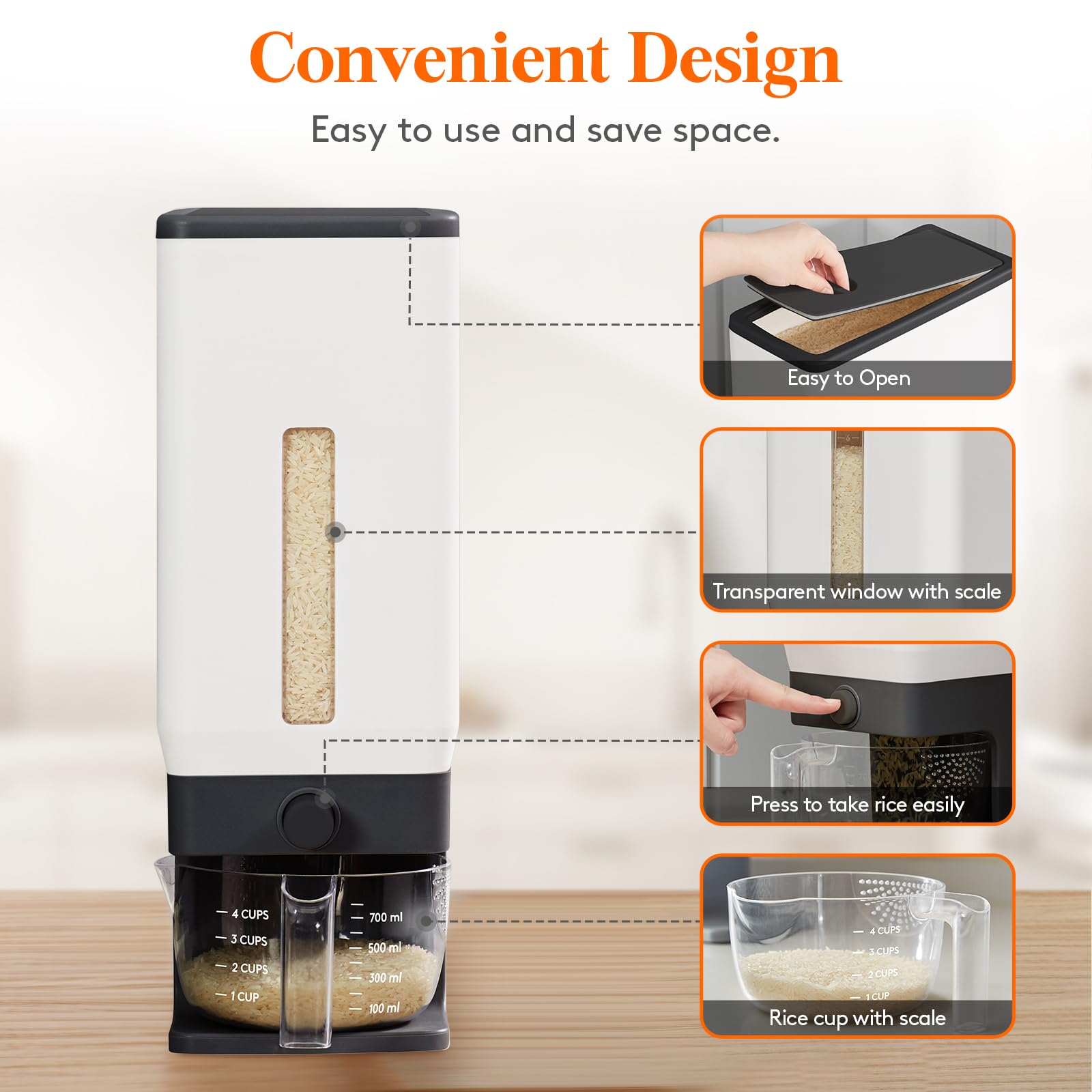 Lifewit rice dispenser dispense button makes portioning quick and clean.