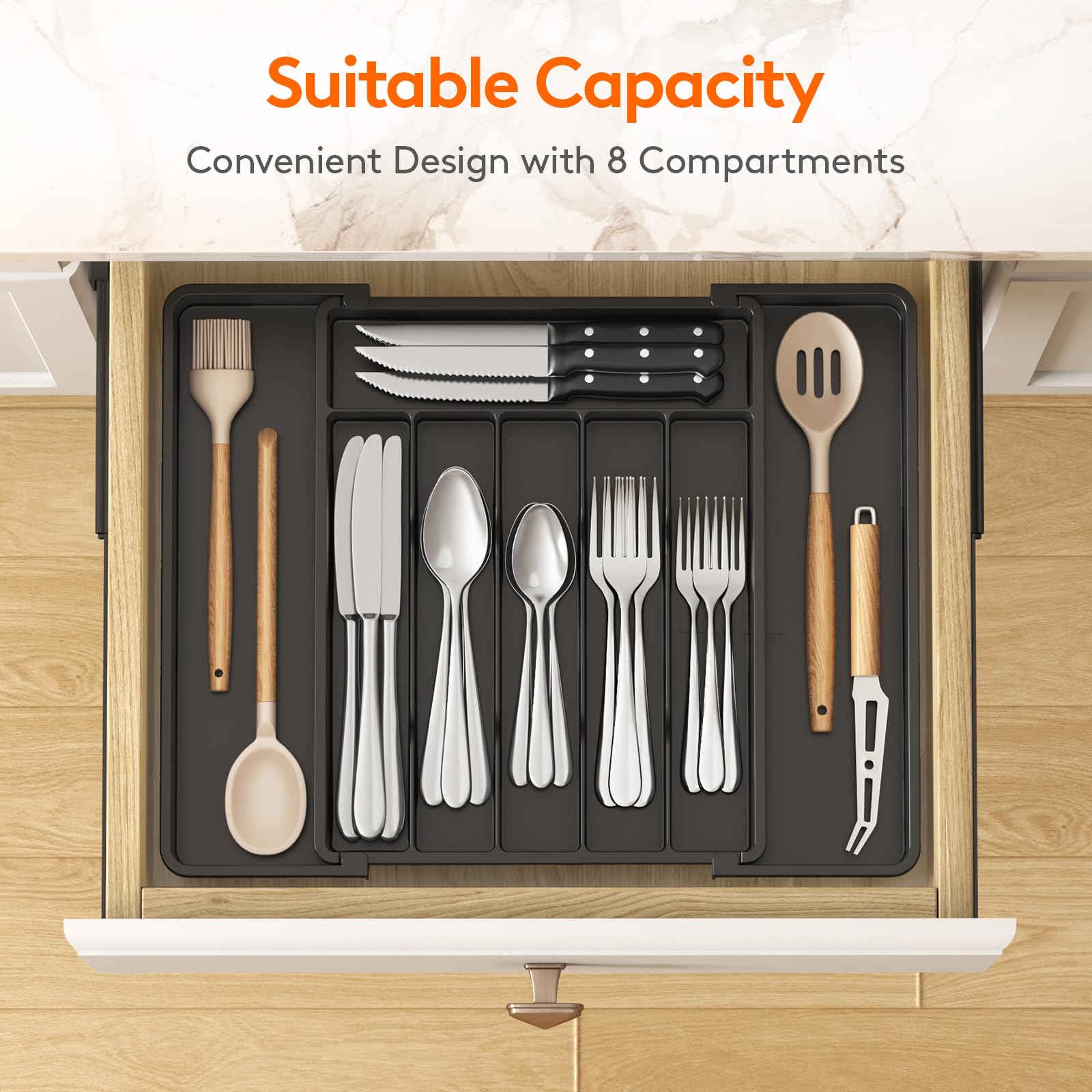 Lifewit organizer with 6-8 compartments keeps spoons and forks neatly separated.