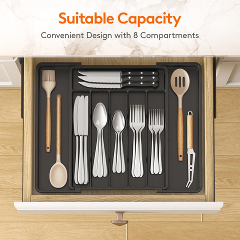 Lifewit organizer with 6-8 compartments keeps spoons and forks neatly separated.