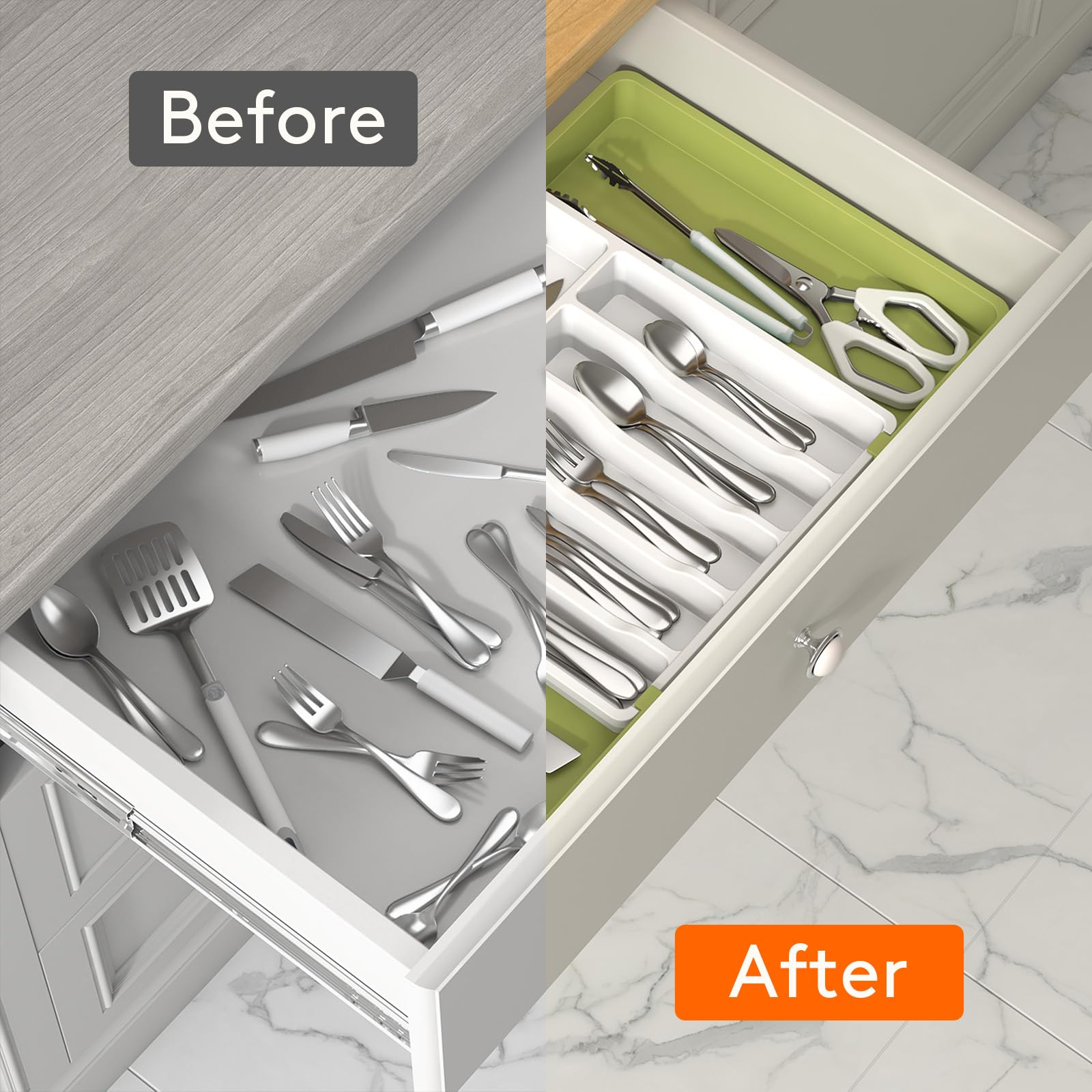 In-drawer fit demonstrates compatibility with different drawer sizes