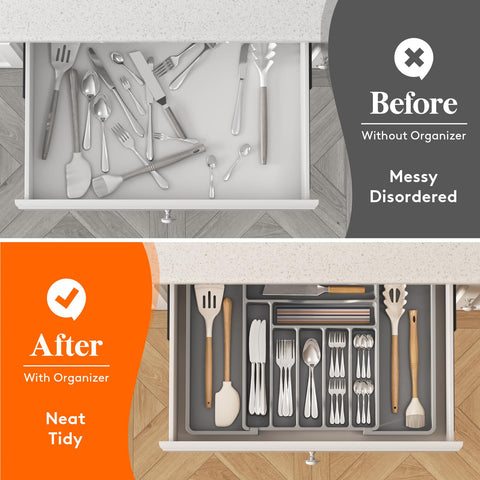 Lifewit drawer organizer fits various drawer depths for flexible kitchen organization.