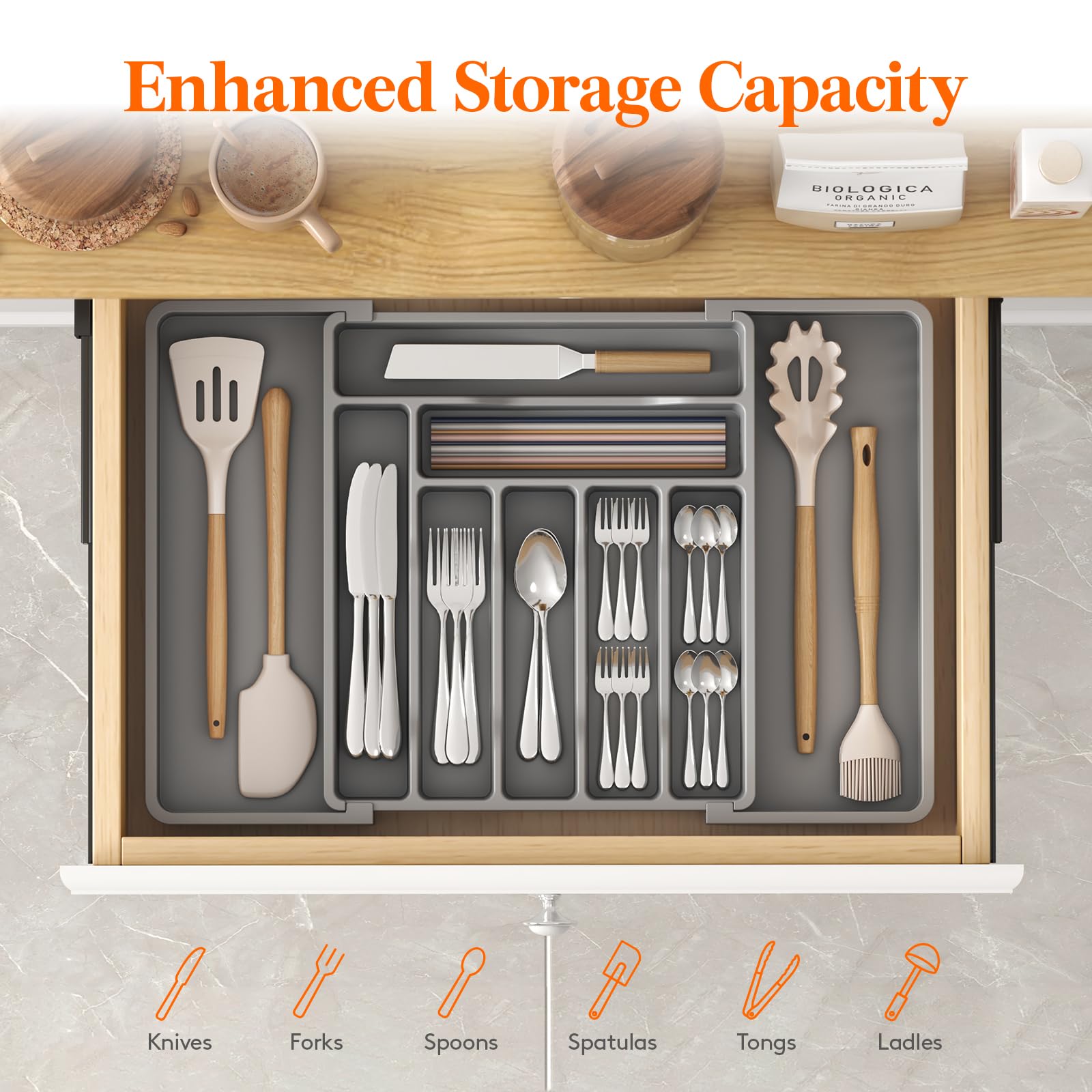 Lifewit expandable drawer organizer reaches 22.4 inches for larger utensil sets.